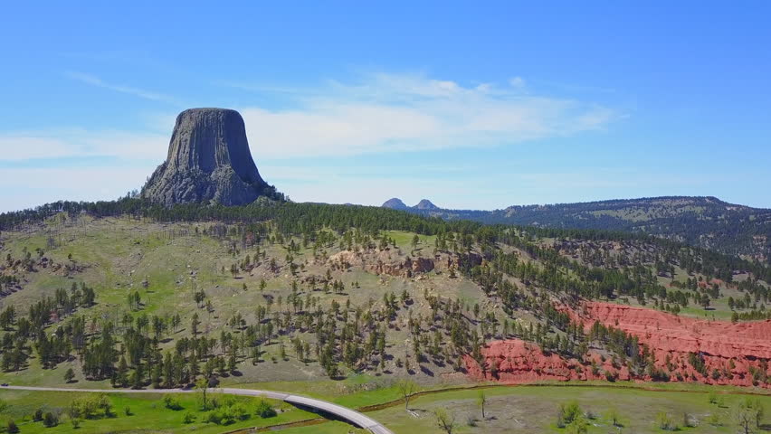 Devils Tower, Wyoming, USA. Sacred site for Native American Indians. (aerial photography)