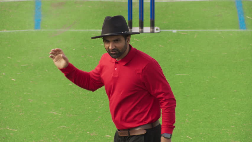 Portrait of an Official Cricket Umpire Watching a Match Between Two Teams. Judge Showing Boundary 4 Hand Sign, Enforcing Rules and Arbitrating the Play. Footage for Sports TV Broadcast Playback Royalty-Free Stock Footage #1110455085