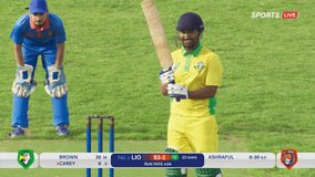 Edited Broadcast Montage of Cricket Championship Match with Score. Teams Attack, Scored Runs, Celebrate Victory. Cricketers Play Outdoors. Sport Channel Network Television Playback, Screen Content - Powered by Shutterstock - Get 15% off with code: PIKWIZARD15