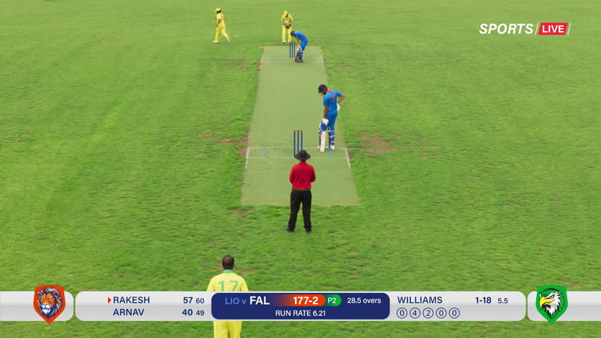 Cricket TV Broadcast Montage with Game Statistics on Screen. Two Indian Teams Playing in a Tournament. Teams Throw, Hit the Ball with a Bat, Pass the Ball. Score Runs During a Championship Match Royalty-Free Stock Footage #1110455111