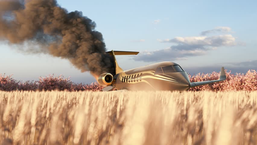 A modern and luxurious black jet plane with exquisite golden decorations lies in a field of wheat. Plumes of smoke rise above the wreckage of the plane. | Shutterstock HD Video #1110455489