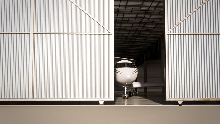 A luxurious and modern aircraft with golden details is seen in a spacious hangar, fully prepared to take off into the skies. The hangar doors are wide open, revealing the magnificent aircraft.