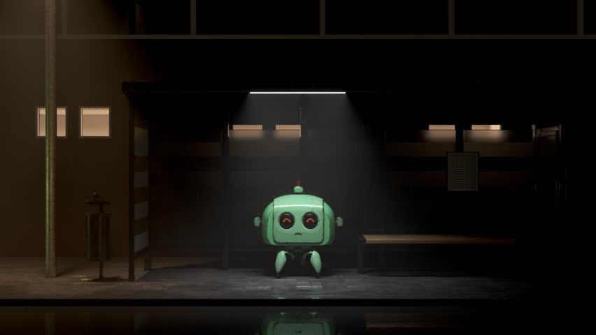 A small green cute robot standing at a bus stop in the rain. The scene has a sad and melancholic atmosphere, as the robot waits patiently for the bus to arrive | Shutterstock HD Video #1110455517