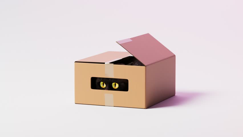 A 3D rendering image of an animated black cat with glowing eyes peeking out of a box, playfully reaching out its paw. Perfect for adding a touch of mystery and playfulness to your projects | Shutterstock HD Video #1110455559