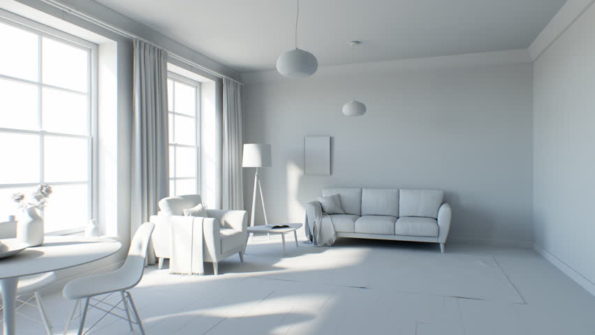 Abstract Living Room Furnishing Process Scene in Gray Material 3d Animation. Building Time-lapse. Filling Home Interior with Furniture. Architecture Design Illustration Concept 4k UHD. | Shutterstock HD Video #1110455673
