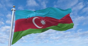 Azerbaijan flag with flagpole waving in wind, rolling clouds background looping, 4K video (Perfect Loop)