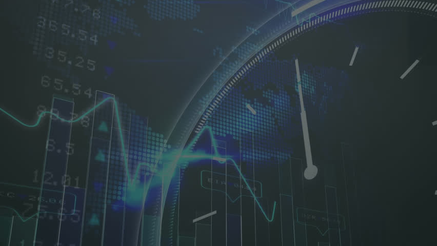 Animation of strategy text banner over ticking clock, statistical and stock market data processing. Global economy and business technology concept