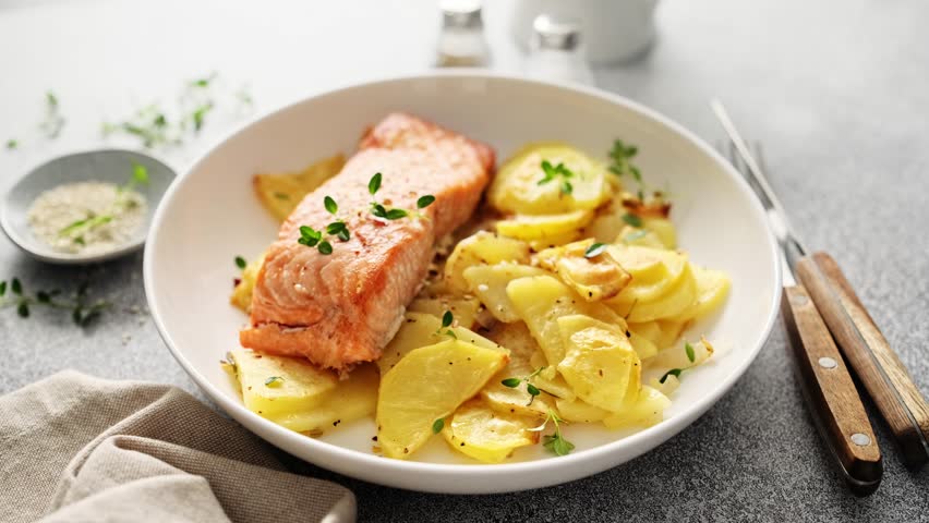 Salmon or trout fillet roasted or baked with potato in the oven. Cooked red fish with vegetables, stock video 4k footage. 