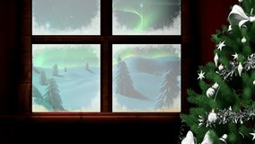 Animation of window and christmas tree over fairy lights and winter landscape. Christmas, tradition and celebration concept digitally generated video.