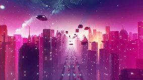 Futuristic cyberpunk city skyline flythrough. Looping 3D Animation. Sci-fi neon lights with flying car traffic. 80s background loop. 4k - Powered by Shutterstock - Get 15% off with code: PIKWIZARD15