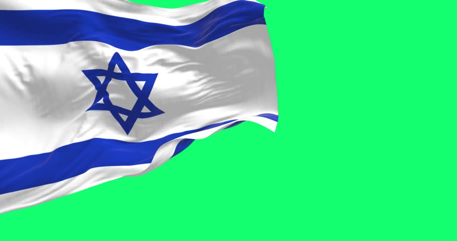 Israel national flag waving green screen. Blue Star of David in the center, two horizontal blue stripes on a white field. Seamless 3D render animation. Green screen. Chroma key. Slow motion loop. 4K Royalty-Free Stock Footage #1110477491