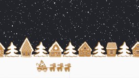 Christmas animation. Gingerbread village. Fairytale winter landscape. Gingerbread houses and fir trees on dark blue background. Santa Claus rides on deer past gingerbread houses
