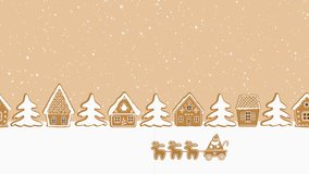 Christmas animation. Gingerbread village. Fairytale winter landscape. Gingerbread houses and fir trees on caramel background. Santa Claus rides on deer past gingerbread houses - Powered by Shutterstock - Get 15% off with code: PIKWIZARD15