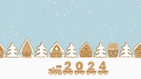 Christmas animation. Gingerbread village. Fairytale winter landscape. Gingerbread houses and fir trees on blue. Train with Christmas cookies in the form of numbers of the 2024 year rides past houses - Powered by Shutterstock - Get 15% off with code: PIKWIZARD15