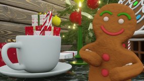 Gingerbread man dancing near a gingerbread house and a cup under a colorful Christmas tree. Merry Christmas and Happy New Year animation. Seamless loop. - Powered by Shutterstock - Get 15% off with code: PIKWIZARD15