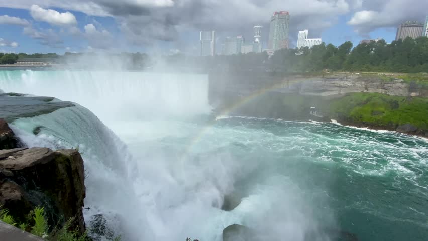 Side view close up of Horseshoe Falls with a rainbow in front.