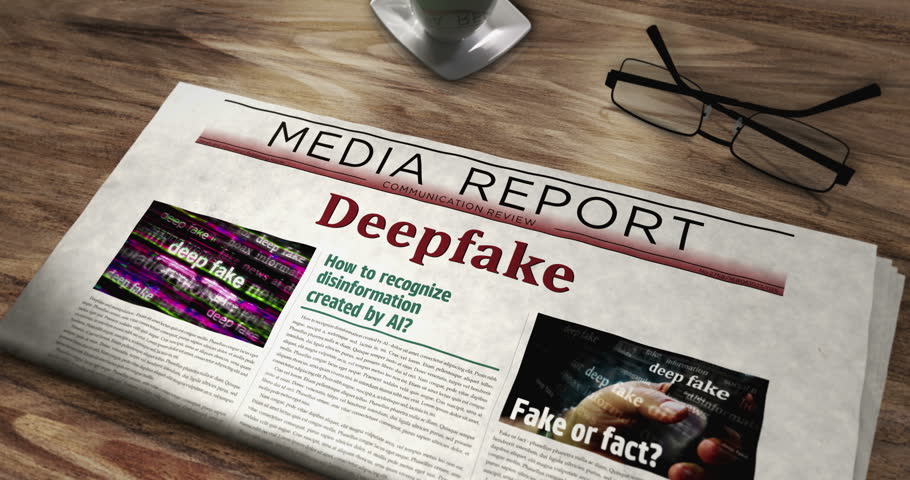 Deepfake AI disinformation fake news and misinformation daily newspaper on table. Headlines news abstract concept 3d. Royalty-Free Stock Footage #1110481919