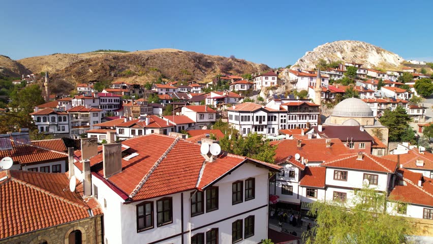 Beypazari District of Ankara, Turkey. Aerial view of Beypazari. Traditional Ottoman Houses in Beypazari Town. Drone shot.