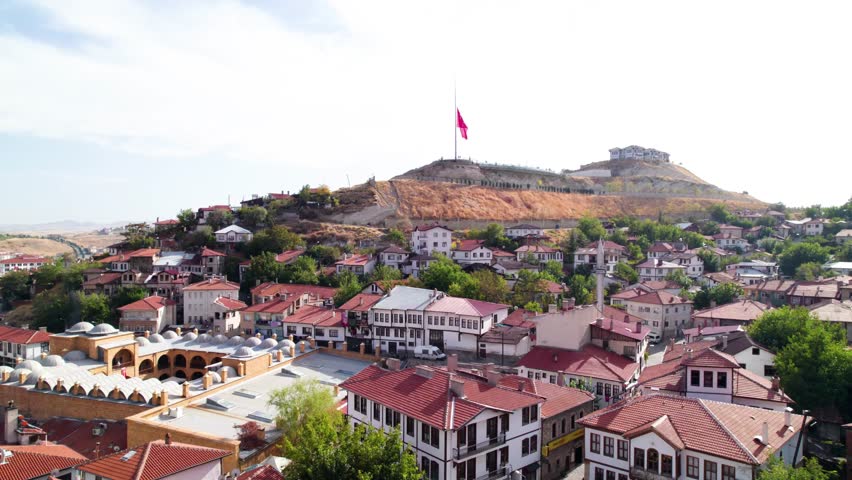 Beypazari District of Ankara, Turkey. Aerial view of Beypazari. Traditional Ottoman Houses in Beypazari Town. Drone shot.