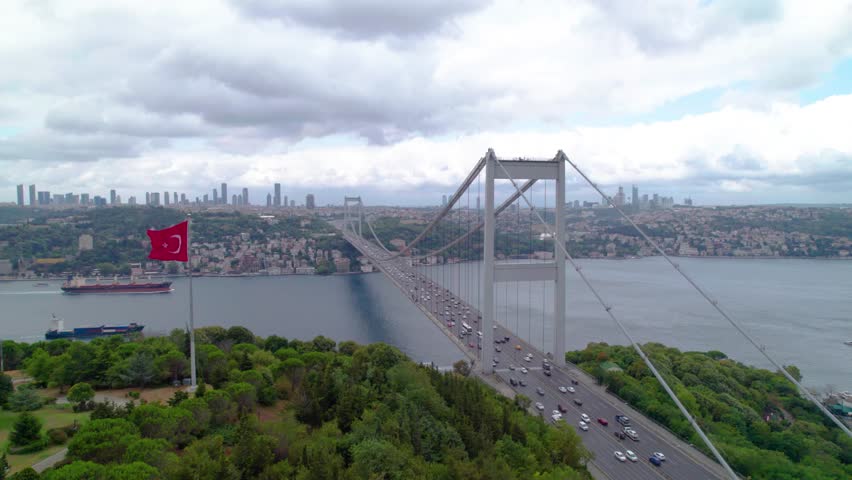 Aerial view of Fatih Sultan Mehmet Bridge in Istanbul, Turkey. Beautiful view of Istanbul Bosphorus. Drone shot. 