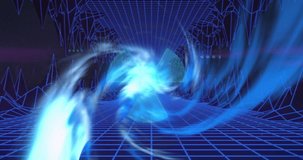 Animation of blue light trails over metaverse. Global computing, digital interface and data processing concept digitally generated video.