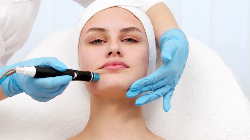 Face Skin Care. Close-up Of Woman Getting Facial Hydro Microdermabrasion Peeling Treatment At Cosmetic Beauty Spa Clinic. Hydra Vacuum Cleaner. Exfoliation, Rejuvenation And Hydratation. Cosmetology. Royalty-Free Stock Footage #1110487113
