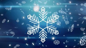 Animation of snowflake over snow falling on blue background. Christmas, tradition and celebration concept digitally generated video.