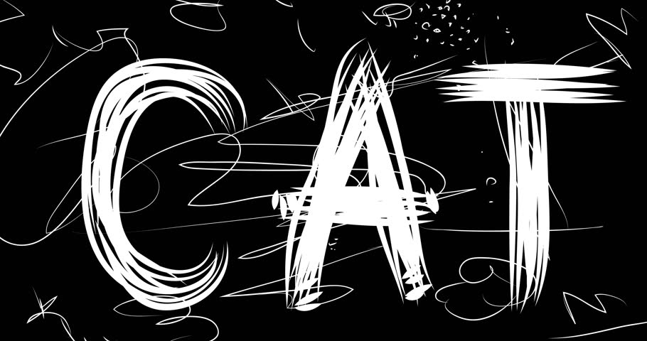 Cat word animation of old chaotic film strip with grunge effect. Busy destroyed TV, video surface, vintage screen white scratches, cuts, dust and smudges.