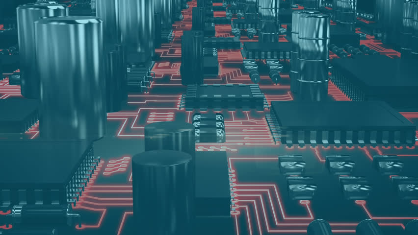 Animation of multiple digital icons against close up of a circuit board. Computer interface and business technology concept