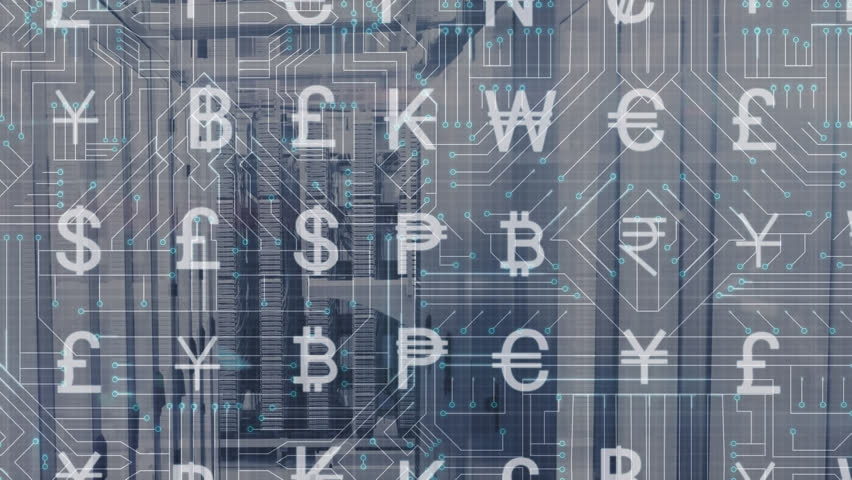 Animation of interface with currency symbols and microprocessor connections against server room. Global economy and business data storage technology concept - Powered by Shutterstock - Get 15% off with code: PIKWIZARD15