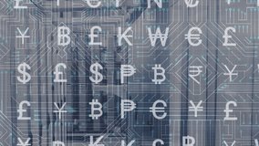 Animation of interface with currency symbols and microprocessor connections against server room. Global economy and business data storage technology concept - Powered by Shutterstock - Get 15% off with code: PIKWIZARD15