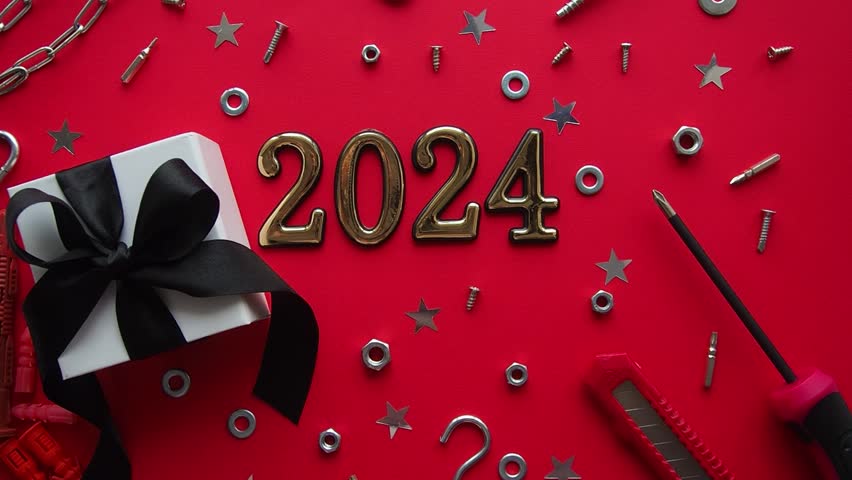 2024 and construction tools and wrapped gift on red background. Construction greeting card for Christmas or New Year. Repair home. Gifts for male. Buying presents for man.