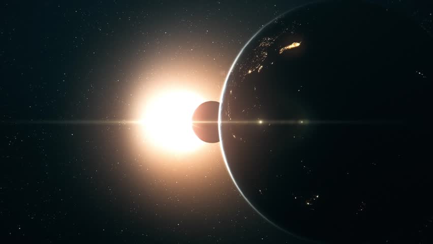 Digitally generated animation of a total solar eclipse seen from outer space. Perfectly usable for all kinds of topics related to astronomy, astrophysics, astrology or mythology.

 Royalty-Free Stock Footage #1110497183
