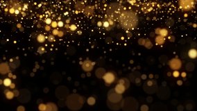 4k Video. Gold Bokeh background. Xmas golden lights. 3d Render. Abstract art animation. Black background. Particles dust.