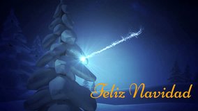 Animation of feliz navidad text and shooting star spinning over christmas tree on winter landscape. Merry Christmas festivity and celebration concept - Powered by Shutterstock - Get 15% off with code: PIKWIZARD15