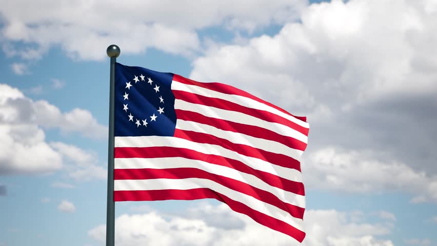 United states of America Betsy Ross flag 1776 flutters in the wind. USA national flag. Cloudy sky background.