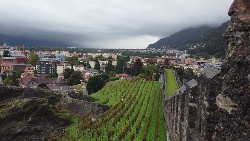 Aerial Panoramic Above Castles and Vineyards of Bellinzona Town, Swiss Alps