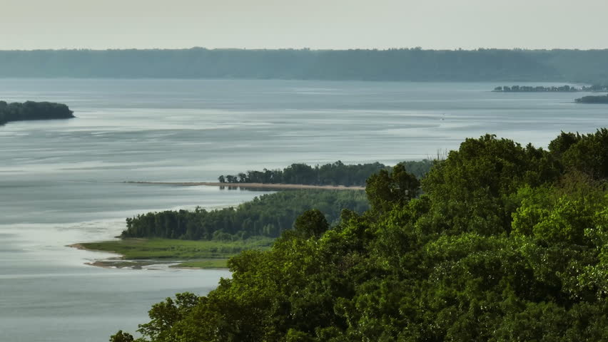 Panorama Of Mississippi River In The Early Morning From Lush Forest In Frontenac State Park In Minnesota, USA. - aerial