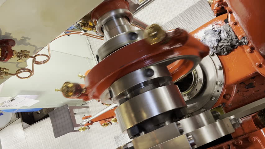 A close-up view of a beautifully restored vintage boat engine crankshaft, featuring chrome metal and intricate red accents, located inside the engine room of the boat
. Vertical Video