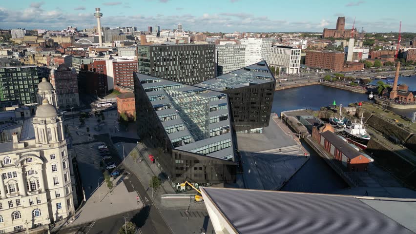 Latitude and Longitude buildings, Mann Island, Liverpool, England (aerial shot)