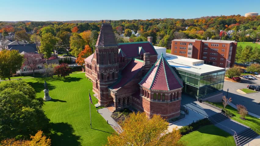 Winn Memorial Library is public library of Woburn, built in 1879 with Romanesque Revival style at 45 Pleasant Street in historic downtown Woburn, Massachusetts MA, USA. 