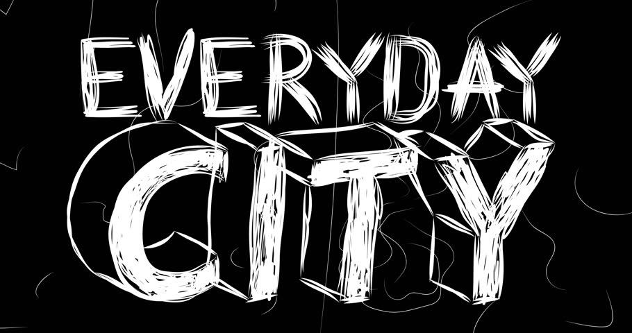 Everyday City word animation of old chaotic film strip with grunge effect. Busy destroyed TV, video surface, vintage screen white scratches, cuts, dust and smudges.