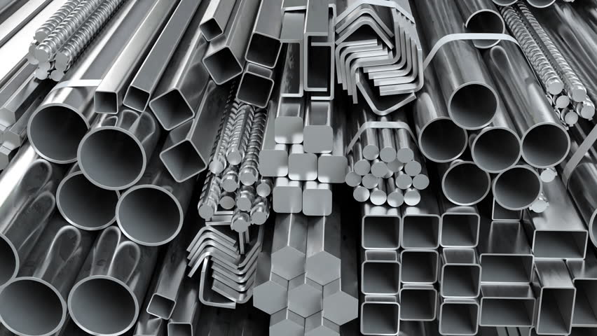 Different metal products. Stainless steel profiles and tubes. 3d video animation