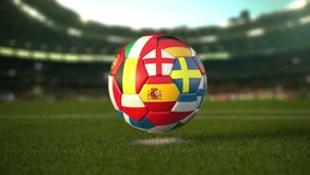 Soccer Football ball with flags of european countries on the grass of football stadium. Euro championship 2021.  - Powered by Shutterstock - Get 15% off with code: PIKWIZARD15