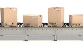 Cardboard boxes on conveyor belt iisolated on white. Delivery and packaging service. Loopable animation alpha channel. 3d video