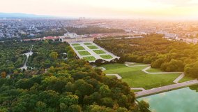 7 september, 2022, Vienna. Austria. Aerial drone shot of Schonbrunn Palace at sunrise . 4K video