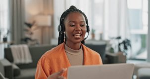 Black woman, webinar in home office with laptop and video call, remote work and crm in apartment. Virtual assistant at desk with computer, headset and conversation for advice, online chat and support