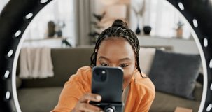 Video, influencer and black woman doing skincare for tutorial on social media or the internet. Dermatology, happy and young African female person filming or live streaming facial routine at home.