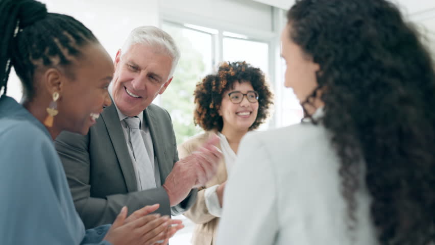 Teamwork, winner and happy business people clapping in office for achievement, victory and winning. Collaboration, corporate and excited men and women cheer for success, career goals and good news