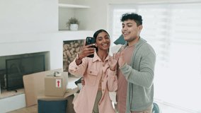 Couple, new home and video call for moving update, living room live streaming and talking of property or real estate. Happy interracial people or influencer in selfie with boxes in house or apartment